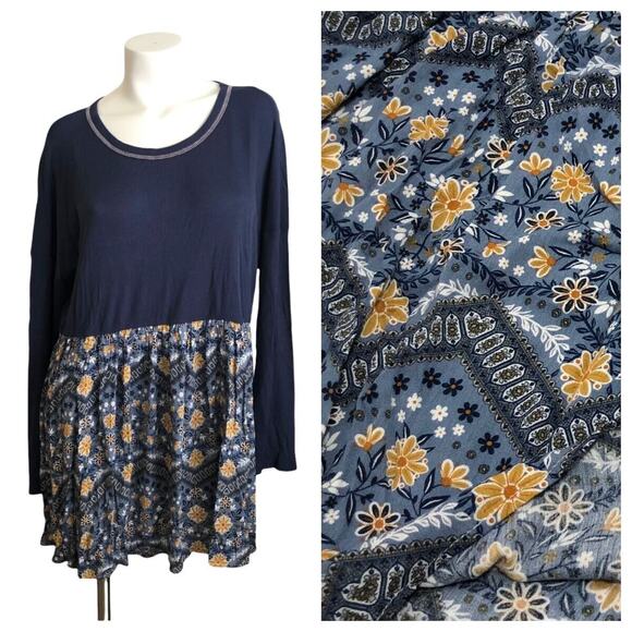 NEW NWOT Oddy Blue Long Sleeve Rayon Knit Floral Dress Womens 2XL Made in USA - Picture 1 of 6